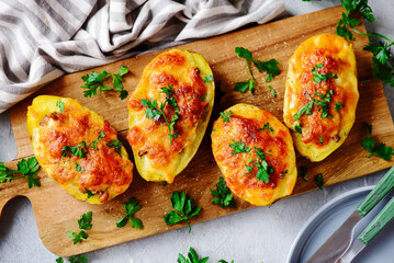 Baked Potatoes Stuffed with Mushrooms and Cheese.selective focus