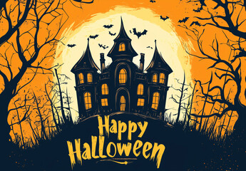 Haunted Horizon: Spooky 'Happy Halloween' Text Against an Orange Sky with Pumpkins and Shadows