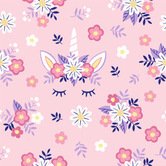 Vector seamless pattern with cute unicorns and flowers on a white floral background