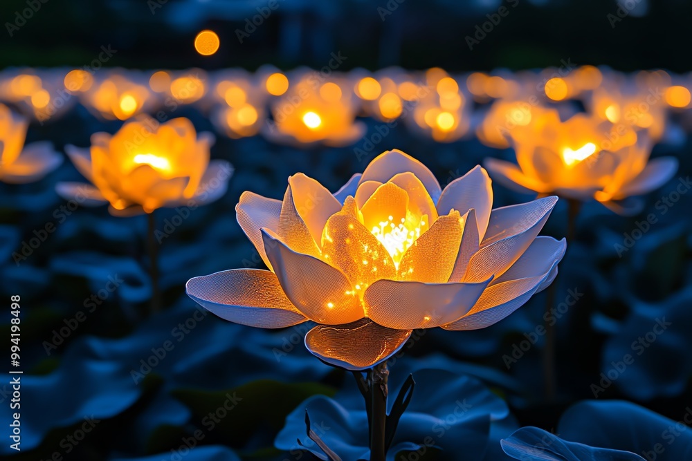 Poster a surreal garden where time is represented by blooming flowers, each petal glowing with soft golden 