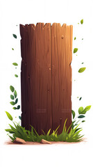 A wooden post with green leaves growing out of it. The post is tall and has a rough texture