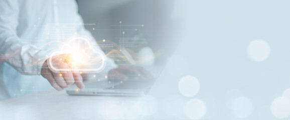 Businessman use cloud computing virtual screen Cloud technology. Data storage. Networking and internet service to softwares in business and sharing data management to customer business partner file.