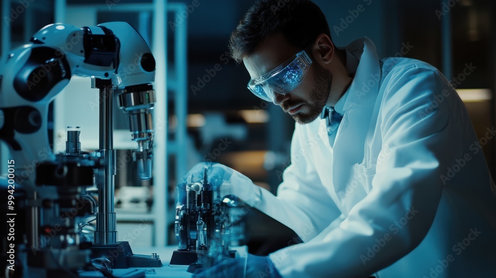 Poster human scientist working on ai robot in science lab. generative ai.