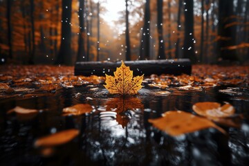 Autumn leaf floating on a forest puddle