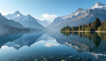 Tranquil lake with crystal-clear reflections of majestic mountains in a serene natural landscape