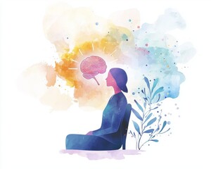 A serene female silhouette in blues and pinks contemplates, with a brain symbolizing thought and creativity above her.