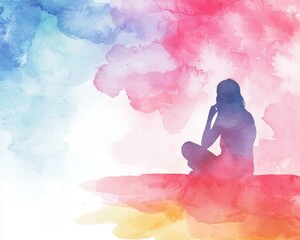 Silhouette of a woman in contemplation, surrounded by vibrant watercolor splashes in shades of blue, pink, and orange.
