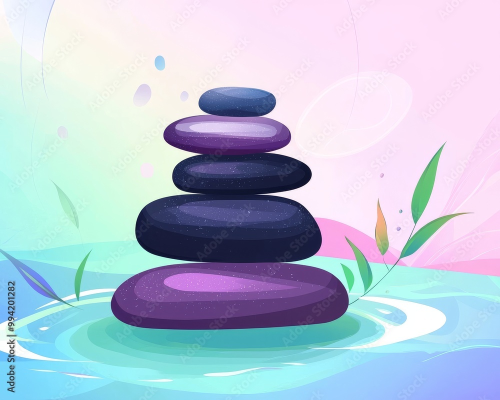 Poster a serene stack of smooth stones with a colorful gradient background, symbolizing balance and tranqui