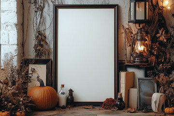  Duża, pusta ramka stoi wśr&oacute;d jesiennych dekoracji: dyni, suszonych roślin, latarni i starych książek. Idealna przestrzeń na Twoje pomysły w przytulnym, wiejskim stylu.