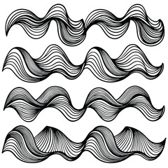 Abstract Waves Black and White Line Art Decoration Set.