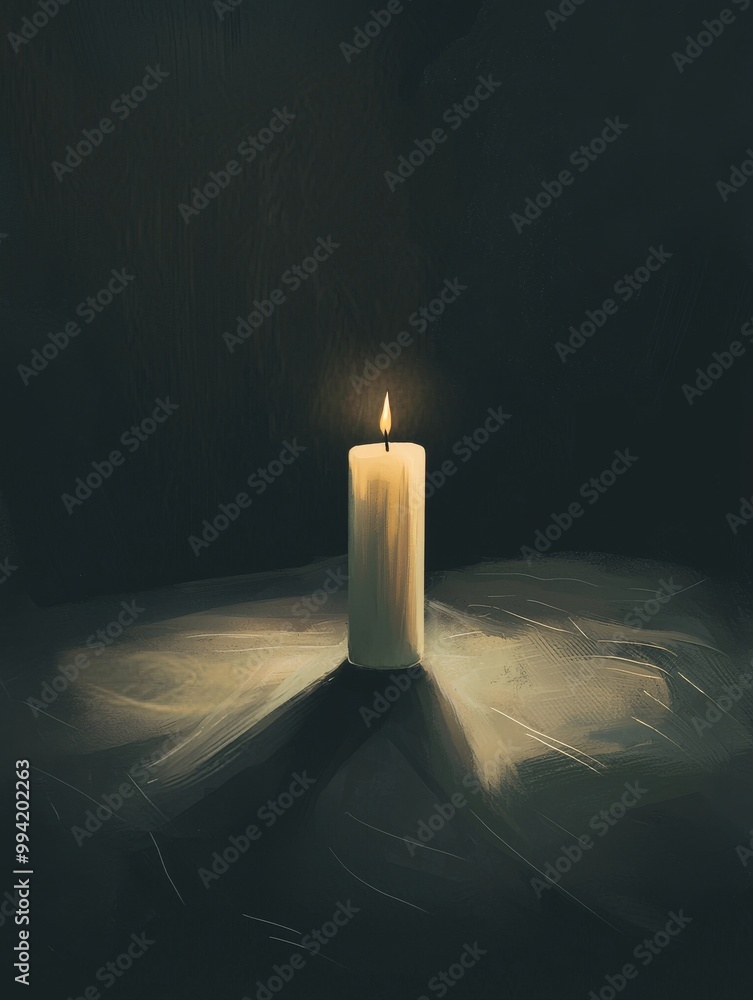 Poster a serene image of a lit candle casting soft shadows in a dark setting.
