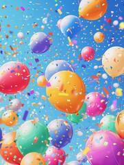 A vibrant scene of colorful balloons floating against a bright blue sky, showered with confetti, exuding celebration.