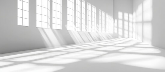 Fototapeta premium Abstract 3D studio background in white and grey for cosmetic product presentations Features an empty room with window shadows and a blurred backdrop for product display