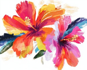 Vibrant floral artwork featuring colorful hibiscus flowers in bold reds, pinks, and yellows.