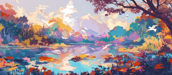 Abstract landscape painting featuring dreamy elements vibrant colors and a natural backdrop showcasing a beautiful and imaginative park setting