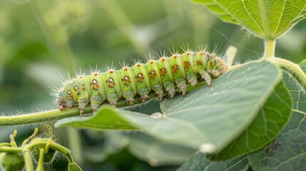 Naklejka premium Small Caterpillar on a Soybean Plant Leaf – Highlighting the Connection Between Insect Life and Sustainable Agriculture