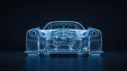 Sedan car transparent Blue wire frame blueprints isolated on a black background. Front view of a sports car blue wireframe with transparent engine.