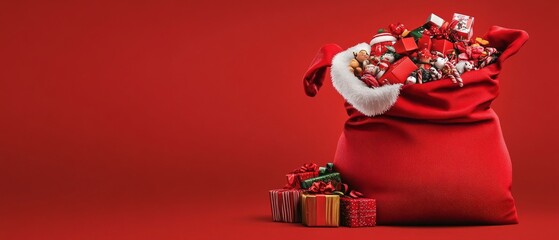 A red bag with a white santa hat on it is filled with many presents