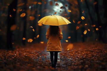Obraz premium A Woman with Yellow Umbrella Walks Through Falling Leaves