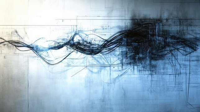 Tangled wires and faded blueprints blend on a softly glowing Dadaism background