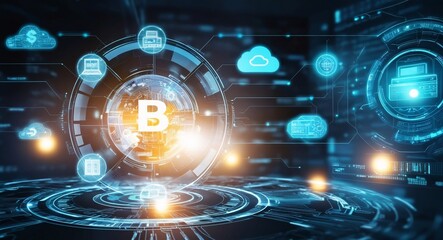 Obraz premium Global Blockchain Network: Futuristic digital rendering of a glowing 'B' symbol representing Bitcoin or Blockchain technology, embedded within a complex network of interconnected data points, servers.