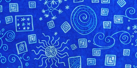 Fototapeta premium Blue fabric with abstract white patterns.
