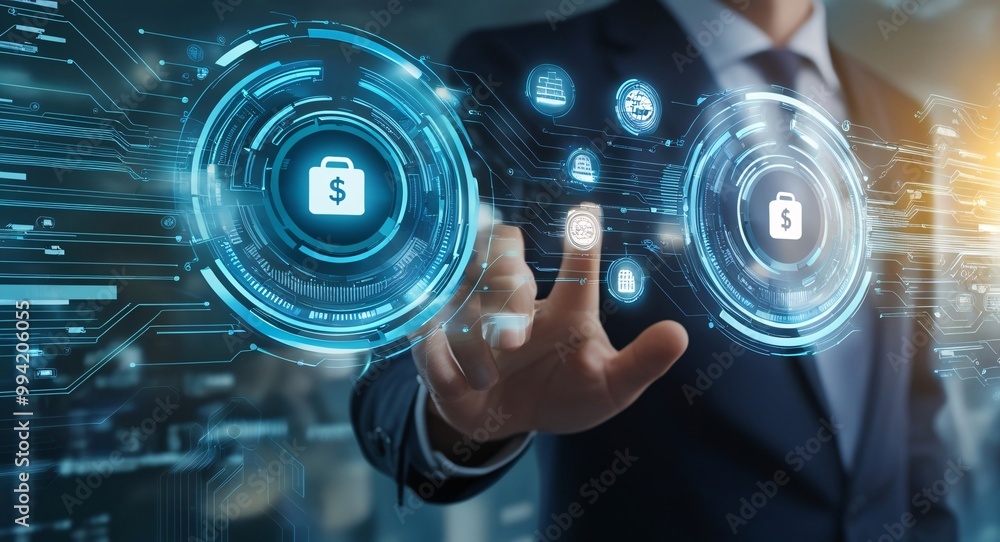 Poster securing digital finance: a businessman interacts with a futuristic holographic interface, showcasin