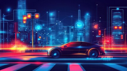 Vector illustration of a connected car interacting with smart city infrastructure, including traffic lights and communication towers. The scene highlights automotive software, smart mobility