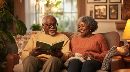 Obraz premium An African American couple relaxes warmly in their living room, surrounded by mementos and love.