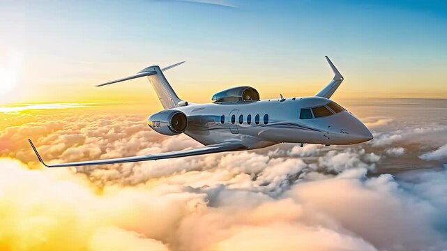 Luxury private jet flying above the clouds at sunset, symbolizing travel, wealth, freedom, and modern aviation excellence.
