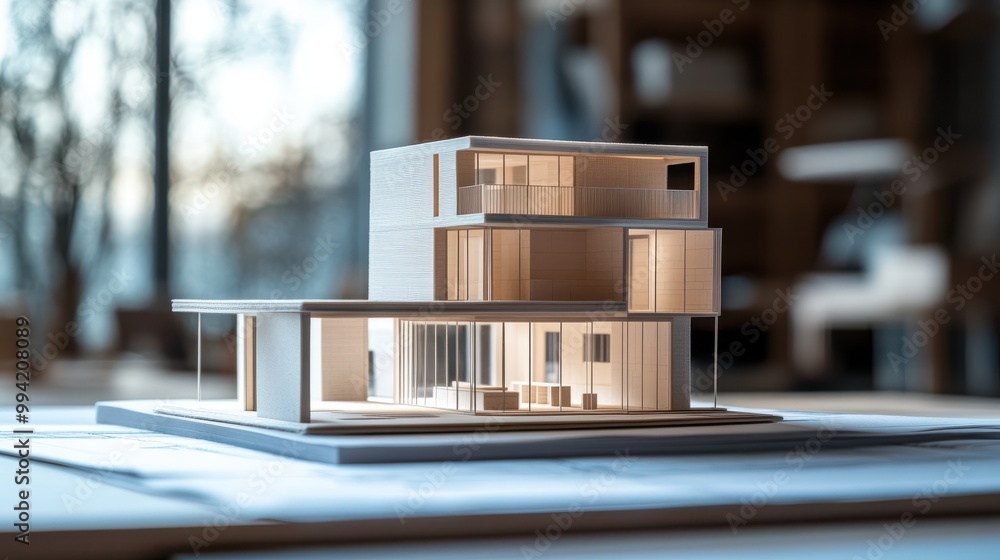 Poster vision of architecture of a 3d model house project with blueprint