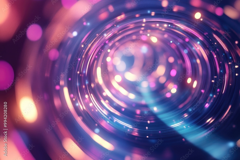 Poster blurred luminous circles create a digital abstract backdrop featuring a 2d cartoonish high tech futu