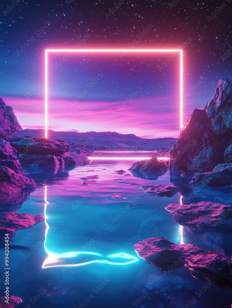 Poster fantasy 3d render featuring an abstract neon background with rhombus shapes a square frame and an ot