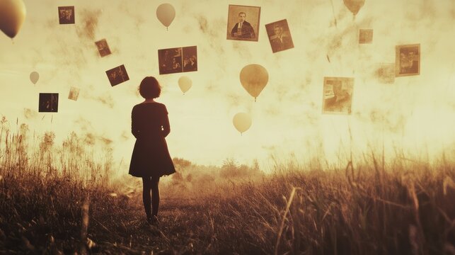 walking down a memory lane filled with ethereal, floating photographs representing key moments from their life