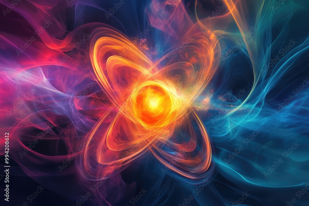 Poster vibrant flowing lines converge at a point resembling an atom s structure