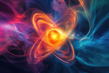 Vibrant flowing lines converge at a point resembling an atom s structure