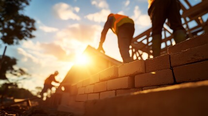 Naklejka premium Construction workers building a brick wall under a sunset. The silhouettes of laborers show effort and teamwork, highlighting the importance of construction in development.