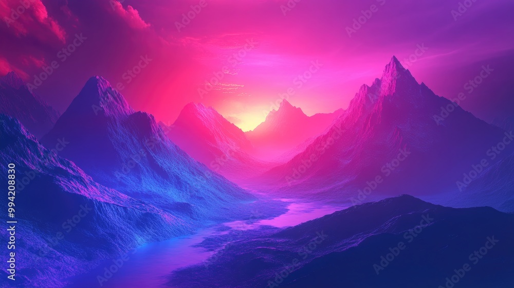 Poster 3d rendering of an abstract surreal landscape featuring large fantasy mountains illuminated by neon 