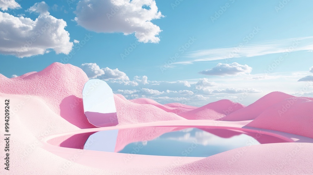 Poster 3d rendering of an abstract surreal landscape featuring a pink desert with a lake and geometric mirr
