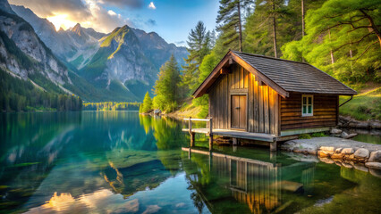 Obraz premium Cozy wooden hut in the mountains near the lake, amazing natural landscape