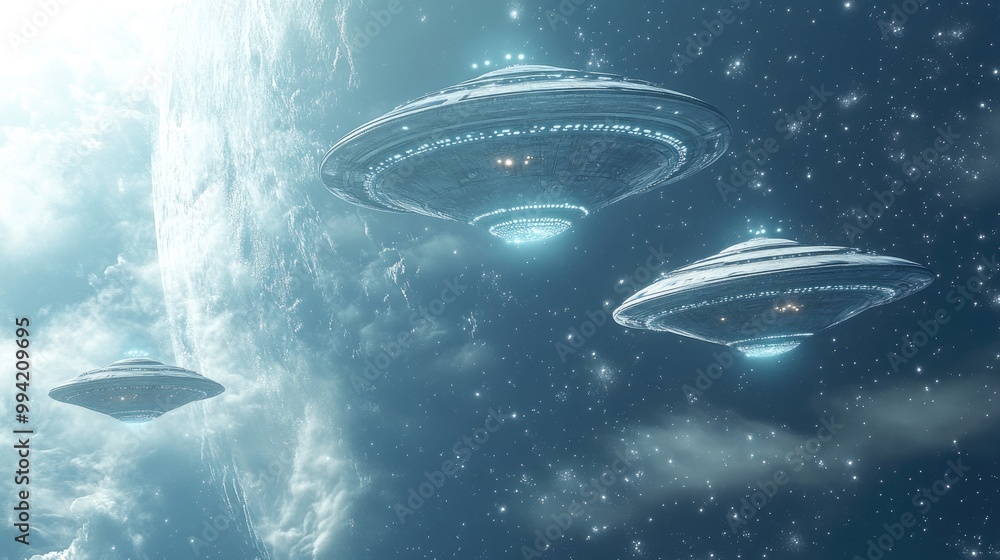 Poster futuristic flying saucers navigating through infinite space rendered in 3d