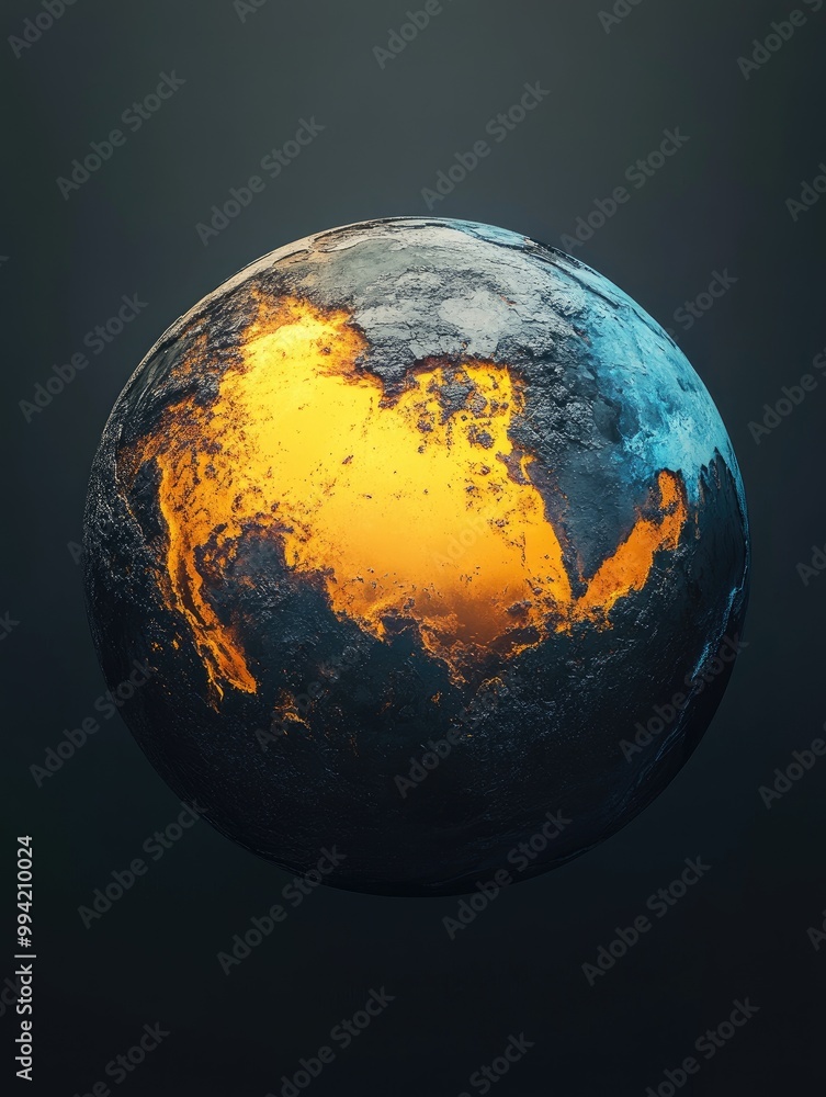 Poster fantasy 3d rendering of an abstract earth featuring a yellow and orange gradient with a blue section