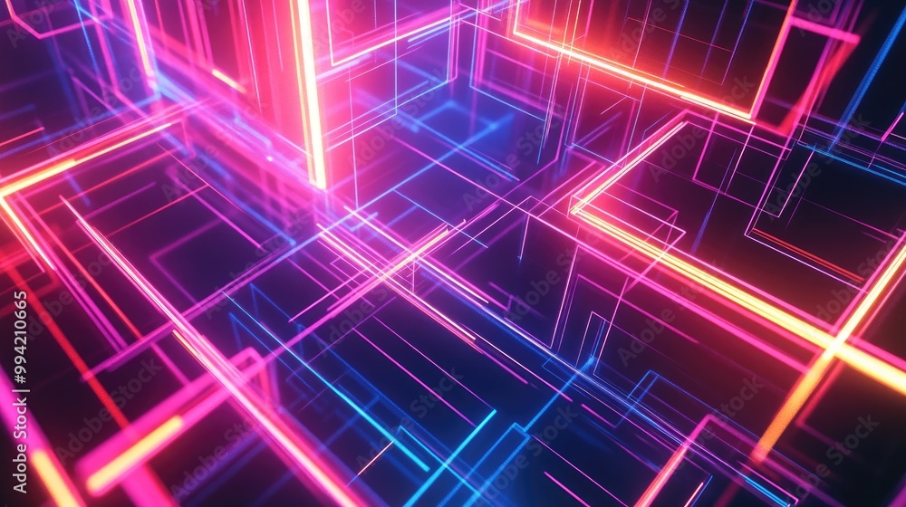 Poster neon glowing tech lines create a hi tech futuristic abstract background featuring geometric square s