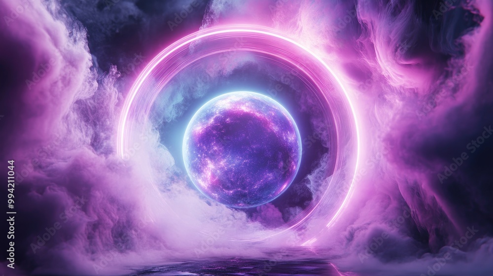 Poster futuristic portal with vibrant neon aura sparkling sphere in a vortex framed by led rings gradient h