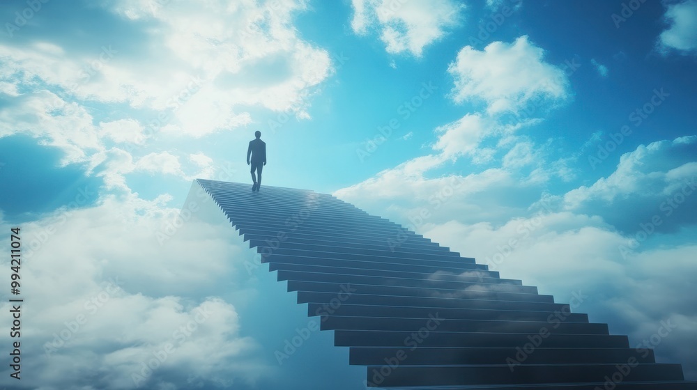 Wall mural a person leading on steps to upward leading to success, success concept image, steps leading to succ