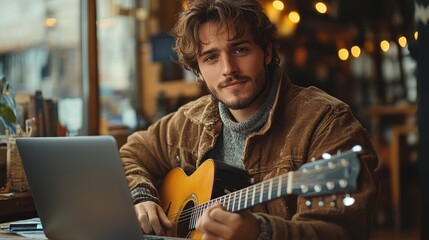 Obraz premium young man or musician with laptop computer playing guitar sitting at table