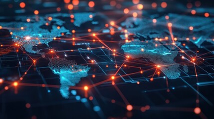 Fototapeta premium A sophisticated graphic illustrating the global business structure of networking, with visual elements representing analysis, data exchange, customer connection, HR recruitment, and global