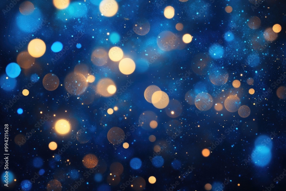 Poster bright blue bokeh lights create an abstract background with flying particles and vivid illumination 