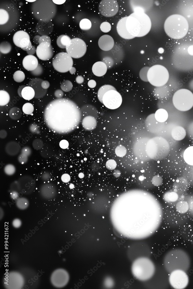Poster abstract black and white background featuring shimmering circles and particles creating a visually s
