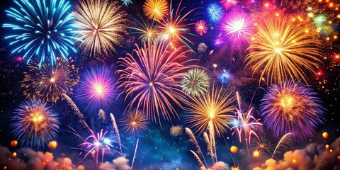 Naklejka premium Festive Celebration of New Year with Colorful Fireworks and Sparkling Decorations in Night Sky